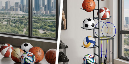 Everfit Ball Storage Rack Sports Equipment Organizer 7-Tier with Basket for Garage Gym Black