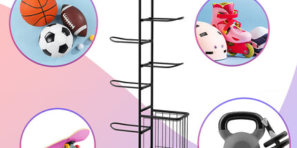 Everfit Ball Storage Rack Sports Equipment Organizer 7-Tier with Basket for Garage Gym Black