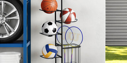 Everfit Ball Storage Rack Sports Equipment Organizer 7-Tier with Basket for Garage Gym Black