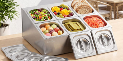 5-Star Chef 6 Pan Food Serving Display Container Stainless Steel Food Container Lids