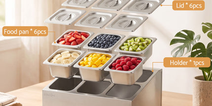 5-Star Chef 6 Pan Food Serving Display Container Stainless Steel Food Container Lids