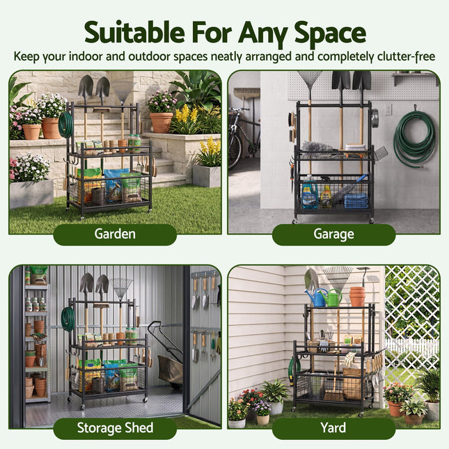 Gardeon Garden Tool Organizer Rack 16 Slots Rolling Garage Storage with Hooks