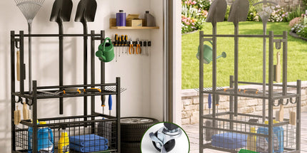Gardeon Garden Tool Organizer Rack 16 Slots Rolling Garage Storage with Hooks