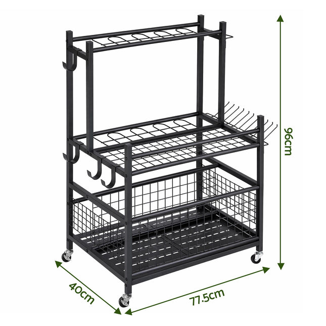 Gardeon Garden Tool Organizer Rack 16 Slots Rolling Garage Storage with Hooks