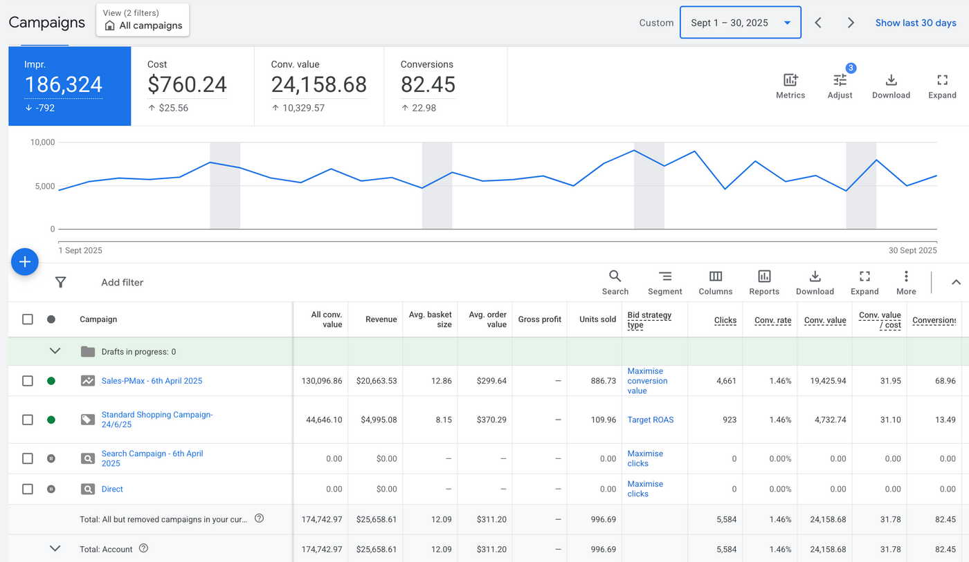 Google Ads account results showing strong return on ad spend