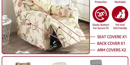Recliner Cover Anti Scratch Lazy Recliner Chair Cover Protective Stretching Printed Reclining Chair Cover Sofa Slipcovers Convenient Elastic Reclining Chair Slipcover for Home - Beige - Size Three-seater