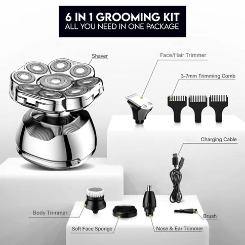 Head Shaver for Bald Men - 9D Waterproof Cordless Wet/Dry Skull & Bald Head Shaver with Rotary Blades - Grooming Kit with Electric Razor, Clippers, Nose/Ear Trimmer, Brush & Massager