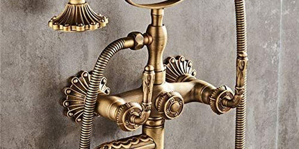 Bathtub Faucet with Handheld Shower – Antique Brass Wall-Mounted Multifunctional Mixer Tap, Hot & Cold Water, Vintage Bathroom Tub Faucet - Bronze - Size C Tyack eCommerce Solutions