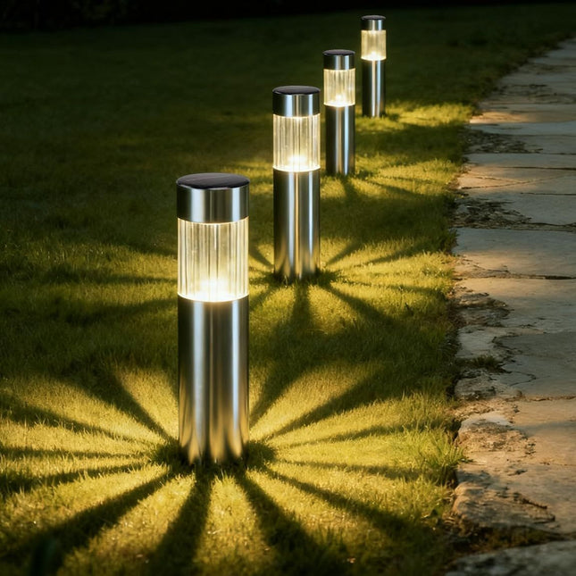 Solar Pathway Lights Outdoor, Stainless Steel Solar Garden Lights, Bright 35LM Warm White LED, Auto On/Off IP65 Waterproof Path Lights for Yard, Lawn, Walkway, Patio, Driveway - Silver - Size 4 Pack