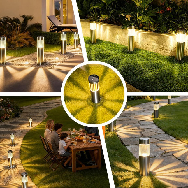 Solar Pathway Lights Outdoor, Stainless Steel Solar Garden Lights, Bright 35LM Warm White LED, Auto On/Off IP65 Waterproof Path Lights for Yard, Lawn, Walkway, Patio, Driveway - Silver - Size 4 Pack
