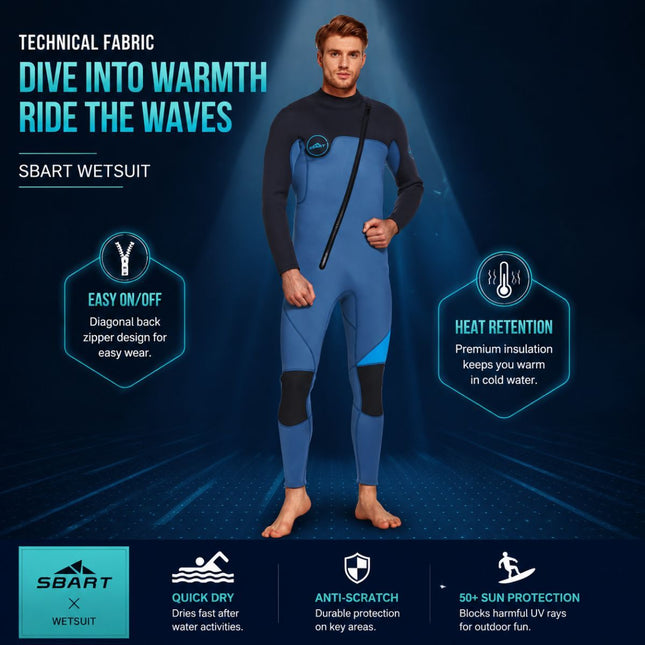 3MM Men's Full Wetsuit – 4-Way Stretch, UPF 50+, Thermal & Scratch Resistant for Diving & Surfing - Blue - Size XXL