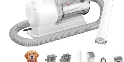 All-in-One Pet Grooming Vacuum Kit with Electric Clipper & Brushes for Dogs and Cats, Low Noise & Strong Suction (Grey)