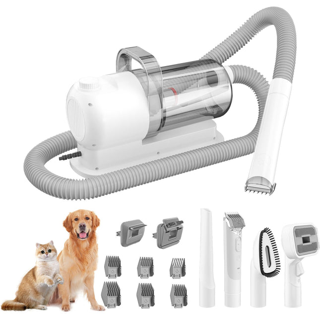 All-in-One Pet Grooming Vacuum Kit with Electric Clipper & Brushes for Dogs and Cats, Low Noise & Strong Suction (Grey)