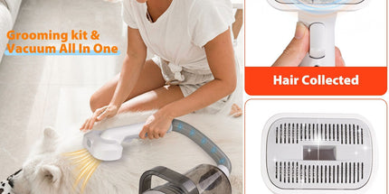 All-in-One Pet Grooming Vacuum Kit with Electric Clipper & Brushes for Dogs and Cats, Low Noise & Strong Suction (Grey)