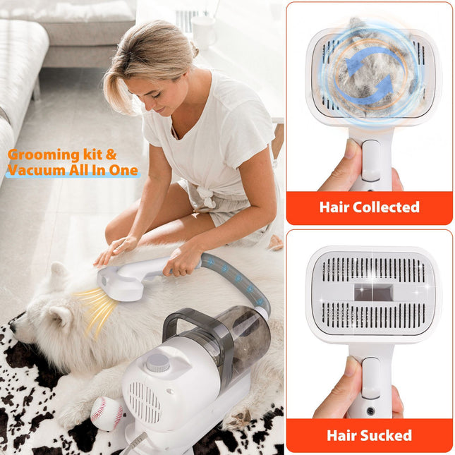 All-in-One Pet Grooming Vacuum Kit with Electric Clipper & Brushes for Dogs and Cats, Low Noise & Strong Suction (Grey)