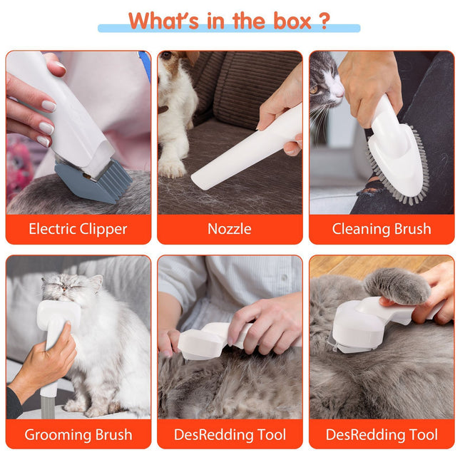 All-in-One Pet Grooming Vacuum Kit with Electric Clipper & Brushes for Dogs and Cats, Low Noise & Strong Suction (Grey)