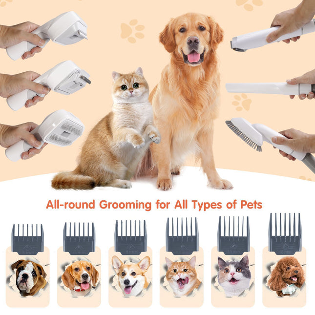 All-in-One Pet Grooming Vacuum Kit with Electric Clipper & Brushes for Dogs and Cats, Low Noise & Strong Suction (Grey)