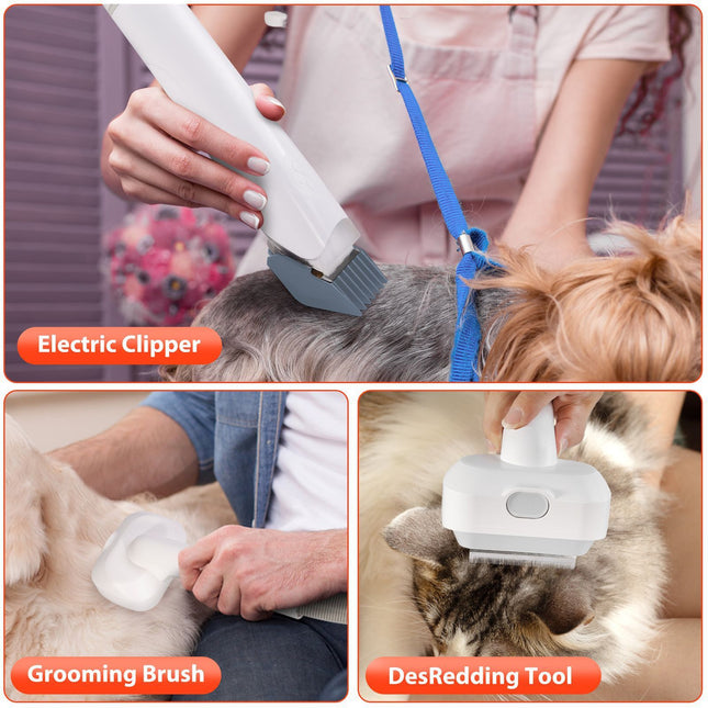 All-in-One Pet Grooming Vacuum Kit with Electric Clipper & Brushes for Dogs and Cats, Low Noise & Strong Suction (Grey)