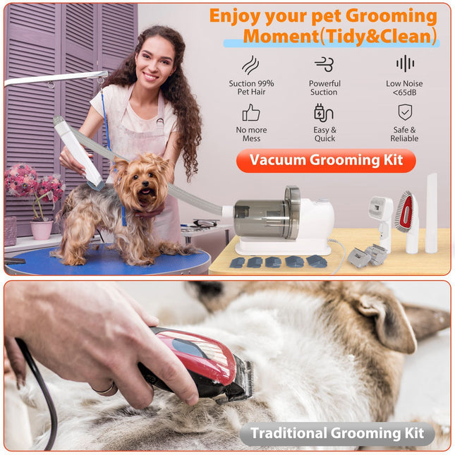 All-in-One Pet Grooming Vacuum Kit with Electric Clipper & Brushes for Dogs and Cats, Low Noise & Strong Suction (Grey)
