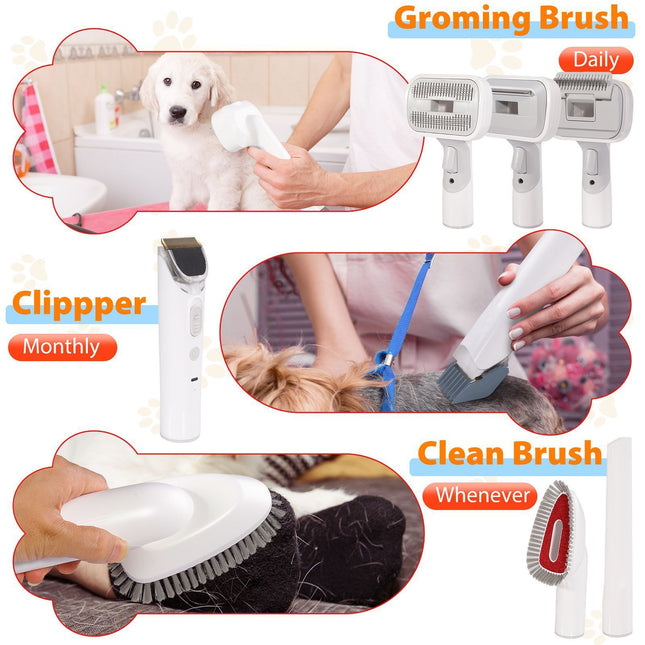 All-in-One Pet Grooming Vacuum Kit with Electric Clipper & Brushes for Dogs and Cats, Low Noise & Strong Suction (Grey)