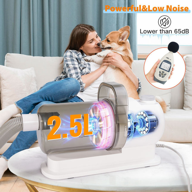 All-in-One Pet Grooming Vacuum Kit with Electric Clipper & Brushes for Dogs and Cats, Low Noise & Strong Suction (Grey)