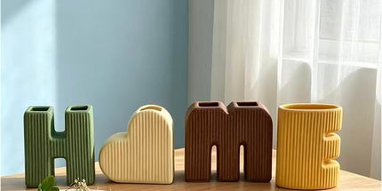 Creative Decorative Home Letter Shaped Ceramic Vase Set – Ribbed Texture, 4-Piece Set for Modern Home Decor, Living Room & Entryway(Green) Tyack eCommerce Solutions