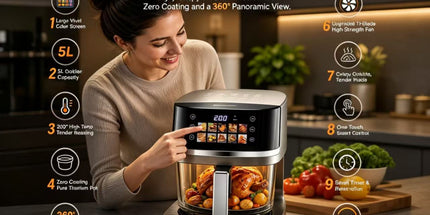 5L Smart Air Fryer with 360° Visible Glass Window, Zero-Coating Titanium Pot, Large Color Screen, One-Touch Control, 200° High-Temp Roasting for Healthy Crispy Meals.(Silver) Tyack eCommerce Solutions