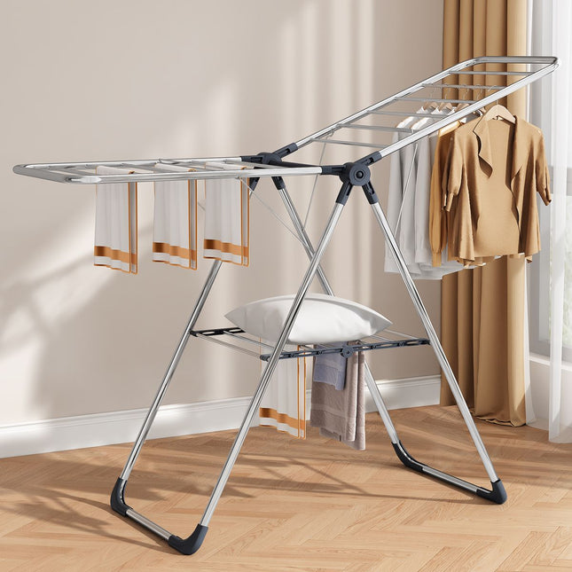 Stainless Steel Floor-Standing Folding Wing-Shaped Drying Rack-Silver