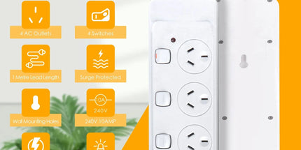 4 Outlet Power Board With Surge Protection with Individual Switches 1M Lead Cable