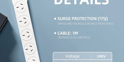 6 Outlet Power Board With Surge Protection 1M Lead Cable