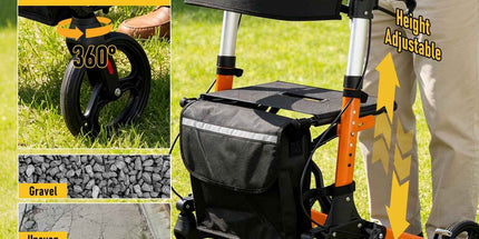 Foldable Aluminium Rollator Walker With Seat & Storage Bag, Adjustable Handles, 8" Wheels, Lightweight Walking Frame(66x60x93cm)