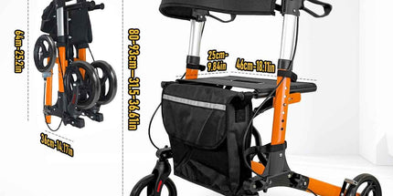 Foldable Aluminium Rollator Walker With Seat & Storage Bag, Adjustable Handles, 8" Wheels, Lightweight Walking Frame(66x60x93cm)