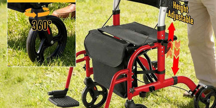 2-in-1 Foldable Aluminium Rollator Walker with Seat, Adjustable Handles, Storage Bag, 136kg Capacity(97x85x95cm)