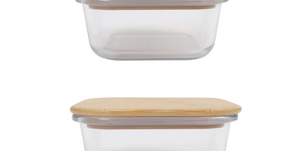 2 Pcs Bamboo?Cover Food Containers – Medium  & Large, Clear Glass, Plastic?Free