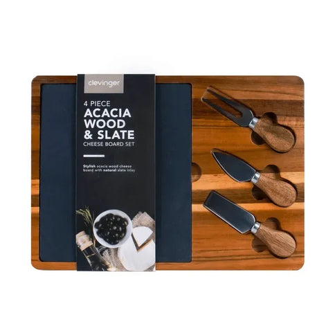 4pc Clevinger Acacia Wood & Slate Cheese Board With Knife Set