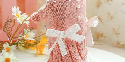 Dog Coat - Dog Sweater - Sweater Dress for Small Dogs - Female Dress with Bow - Pink and Blue Warm for Winter - Princess Lace - Birthdays - Valentine's Day - Pink Medium - Christmas Decorations - Christmas - Size L