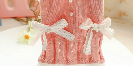 Dog Coat - Dog Sweater - Sweater Dress for Small Dogs - Female Dress with Bow - Pink and Blue Warm for Winter - Princess Lace - Birthdays - Valentine's Day - Pink Medium - Christmas Decorations - Christmas - Size M