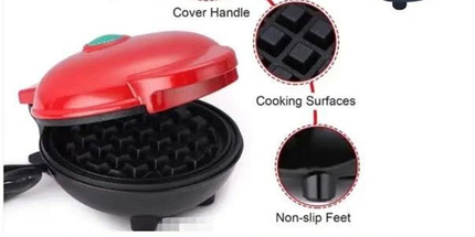 420W Mini Portable Electric Waffle Maker,  ideal for home breakfast, pancake & dessert baking（Red heart）