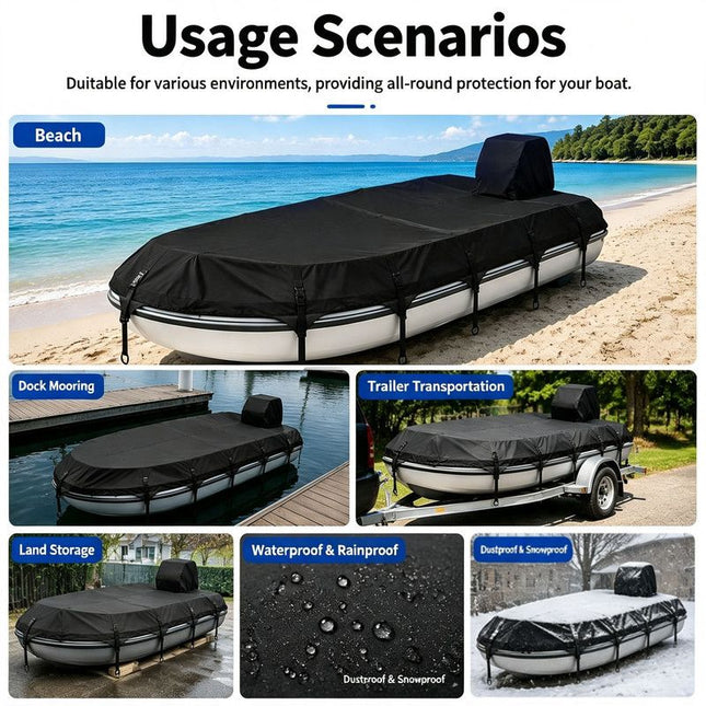 Trailerable 600D Oxford Pontoon Boat Cover, Comes with Separate Universal Outboard Motor Hood, Waterproof UV‑Resistant Boat Cover for Outdoor Storage & Mooring (19-21FT(763*450cm))