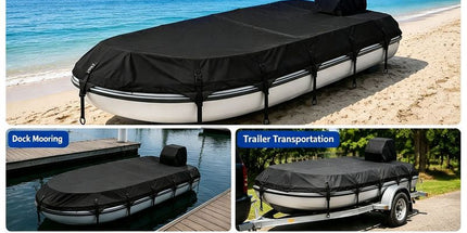 Trailerable 600D Oxford Pontoon Boat Cover, Comes with Separate Universal Outboard Motor Hood, Waterproof UV‑Resistant Boat Cover for Outdoor Storage & Mooring (29-32FT(1096*490cm))