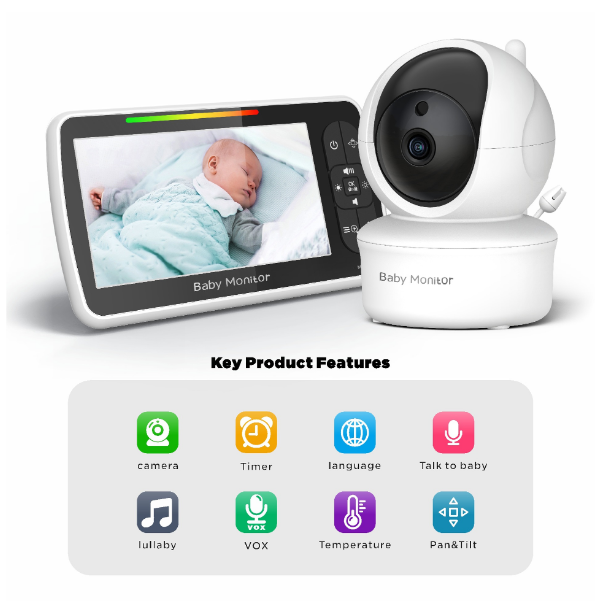 SM650 5-Inch No-WiFi Baby Monitor with Camera, 300 m Range, Two-Way Audio, VOX, Night Vision, Temperature and Feeding Alerts