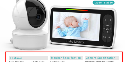 SM650 5-Inch No-WiFi Baby Monitor with Camera, 300 m Range, Two-Way Audio, VOX, Night Vision, Temperature and Feeding Alerts