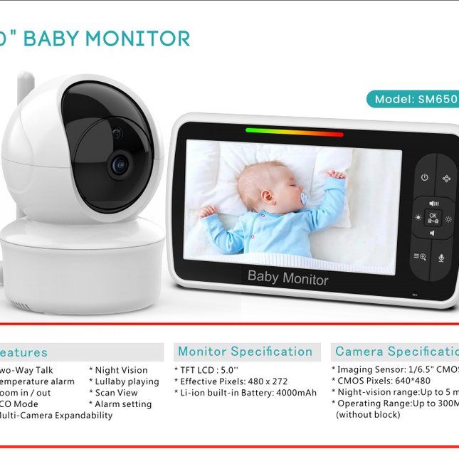 SM650 5-Inch No-WiFi Baby Monitor with Camera, 300 m Range, Two-Way Audio, VOX, Night Vision, Temperature and Feeding Alerts