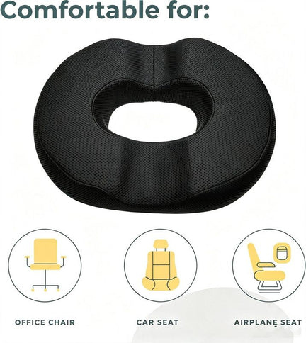 Black Memory Foam Donut Seat Cushion, Breathable Washable Tailbone Support for Office and Car Seats