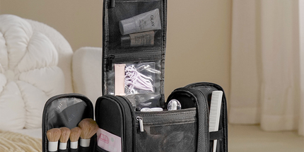 Hanging Travel Toiletry Bag, Large Capacity Double Open Cosmetic Organizer Bag, Water Resistant RPET Fabric Wash Bag with Detachable Hook & Handle（Black）()