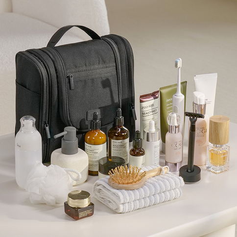 Hanging Travel Toiletry Bag, Large Capacity Double Open Cosmetic Organizer Bag, Water Resistant RPET Fabric Wash Bag with Detachable Hook & Handle（Black）()