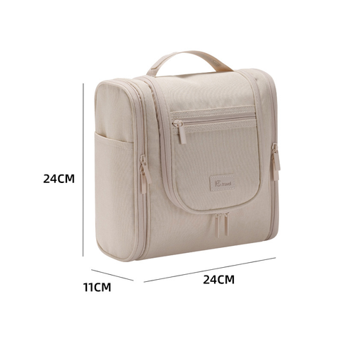 Hanging Travel Toiletry Bag, Large Capacity Double Open Cosmetic Organizer Bag, Water Resistant RPET Fabric Wash Bag with Detachable Hook & Handle（Beige）()