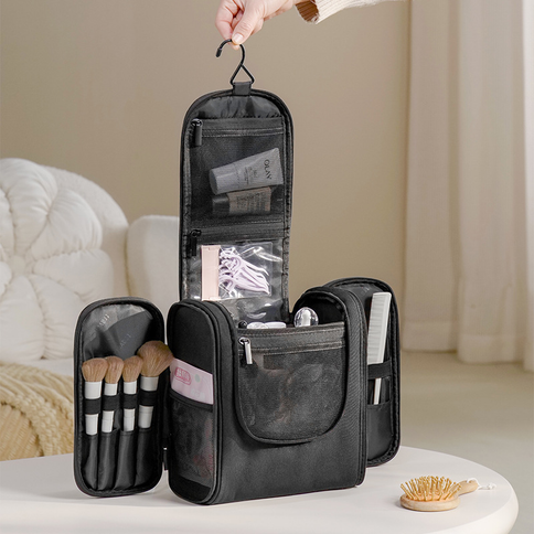 Hanging Travel Toiletry Bag, Large Capacity Double Open Cosmetic Organizer Bag, Water Resistant RPET Fabric Wash Bag with Detachable Hook & Handle（Beige）()