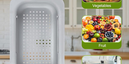Sink drain basket - Strainer - Washing vegetables and fruit - Draining cooked pasta and drying dishes - Extendable and telescopic - New kitchen accessories for the home - Grey