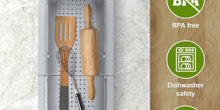 Sink drain basket - Strainer - Washing vegetables and fruit - Draining cooked pasta and drying dishes - Extendable and telescopic - New kitchen accessories for the home - Grey